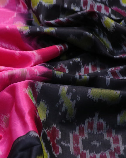 Ikat soft silk saree candy pink and black with allover ikat weaves and long ikat woven zari border