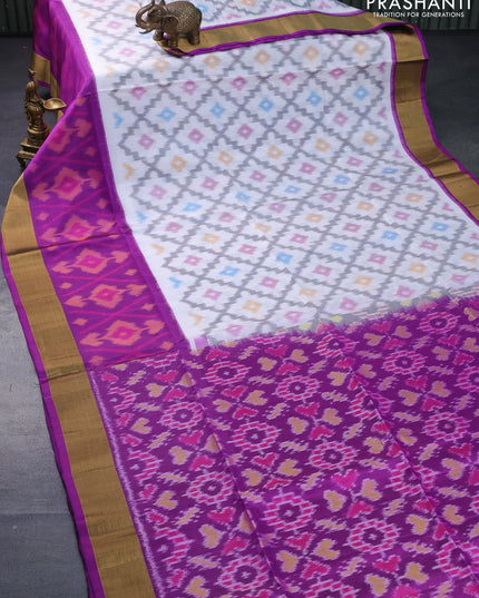 Ikat soft silk saree off white and purple with allover ikat weaves and long ikat woven zari border