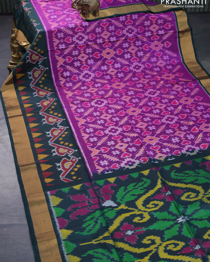 Ikat soft silk saree purple and dark green with allover ikat weaves and long ikat woven zari border