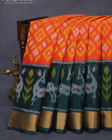 Ikat soft silk saree orange and bottle green with allover ikat weaves and long ikat woven zari border