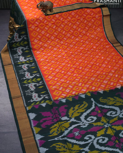 Ikat soft silk saree orange and bottle green with allover ikat weaves and long ikat woven zari border