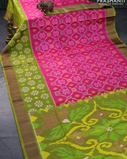 Ikat soft silk saree pink and mehendi green with allover ikat weaves and long ikat woven zari border