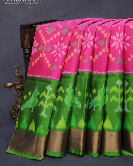 Ikat soft silk saree pink and light green with allover ikat weaves and long ikat woven zari border