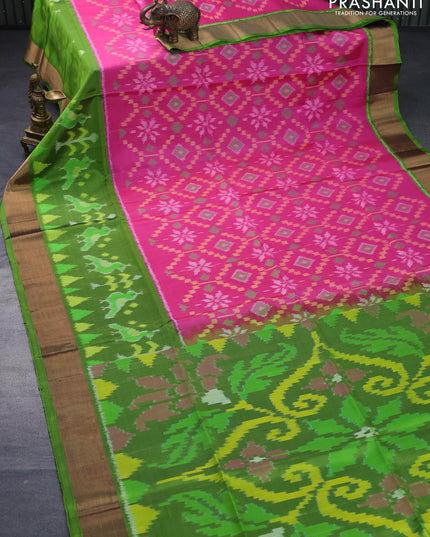 Ikat soft silk saree pink and light green with allover ikat weaves and long ikat woven zari border