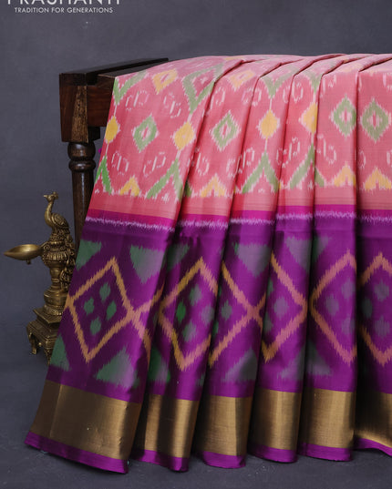Ikat soft silk saree pink shade and purple with allover ikat weaves and long ikat woven zari border