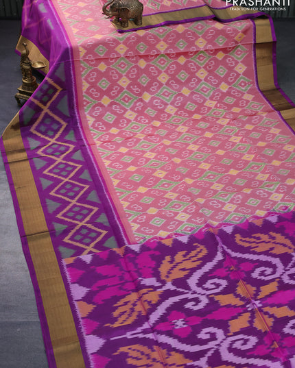 Ikat soft silk saree pink shade and purple with allover ikat weaves and long ikat woven zari border