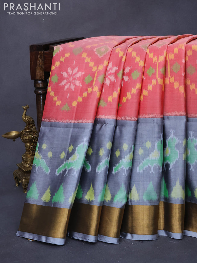 Ikat soft silk saree red shade and grey with allover ikat weaves and long ikat woven zari border