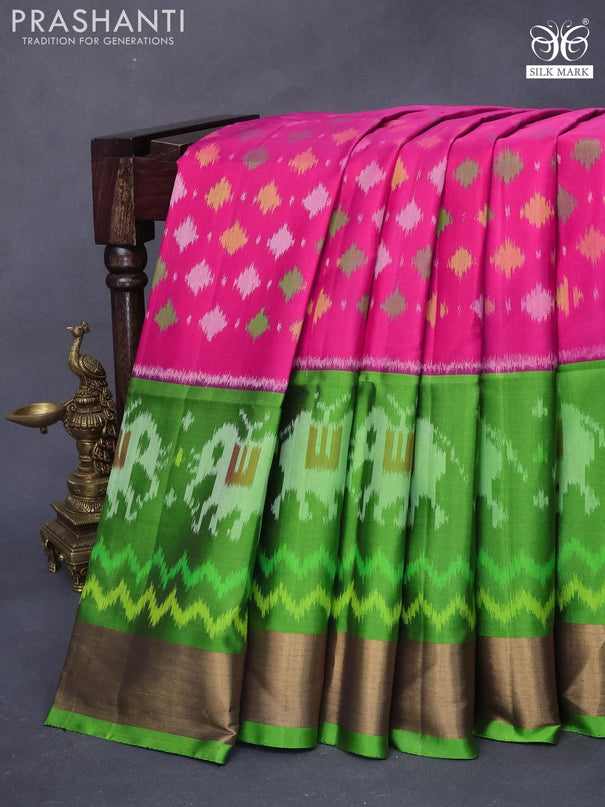 Ikat soft silk saree pink and light green with allover ikat weaves and long ikat woven zari border