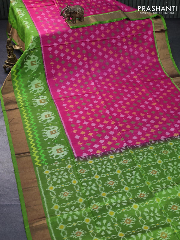 Ikat soft silk saree pink and light green with allover ikat weaves and long ikat woven zari border