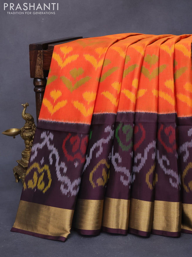 Ikat soft silk saree orange and coffee brown with allover ikat weaves and long ikat woven zari border