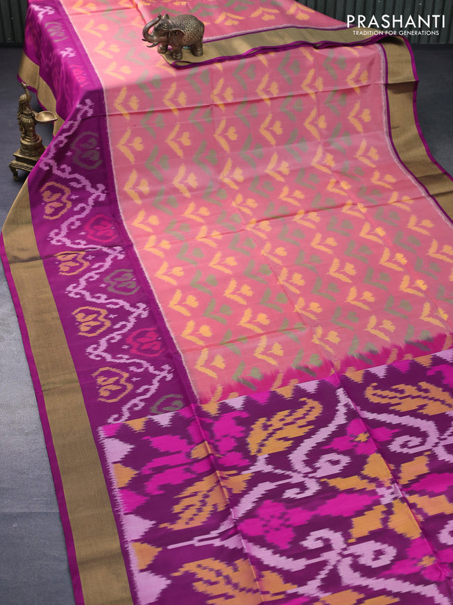 Ikat soft silk saree peach red shade and purple with allover ikat butta weaves and long ikat woven zari border