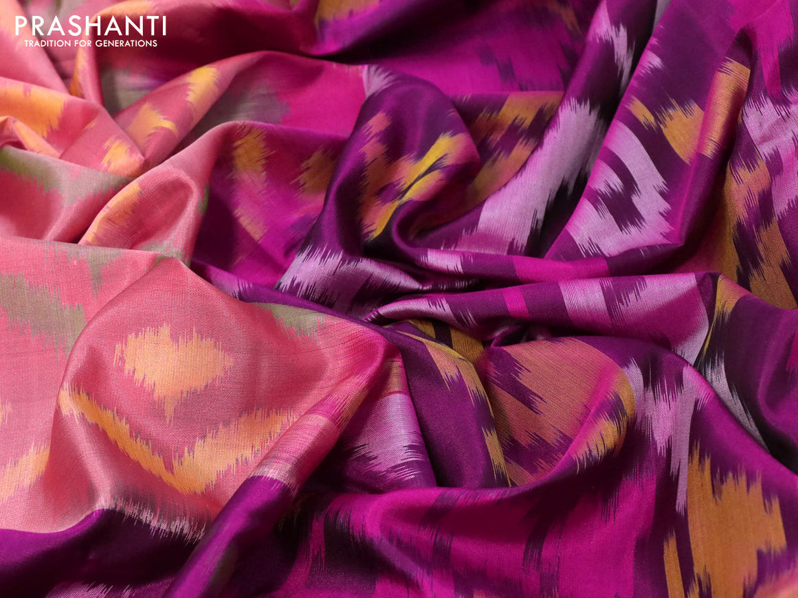 Ikat soft silk saree peach red shade and purple with allover ikat butta weaves and long ikat woven zari border