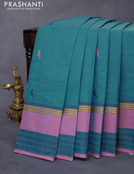 Kanchi cotton saree teal blue and dual shade og pinkish blue with thread woven buttas and rettapet thread woven rudhraksha border