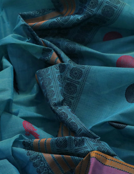 Kanchi cotton saree teal blue and dual shade og pinkish blue with thread woven buttas and rettapet thread woven rudhraksha border