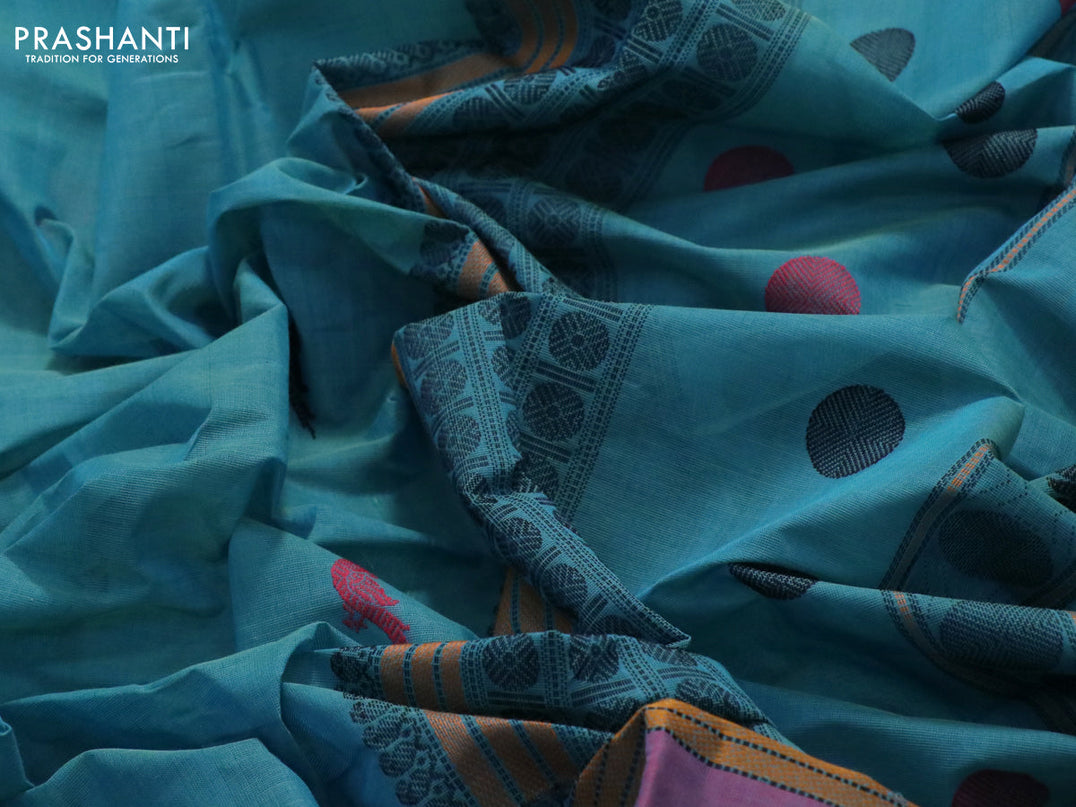 Kanchi cotton saree teal blue and dual shade og pinkish blue with thread woven buttas and rettapet thread woven rudhraksha border