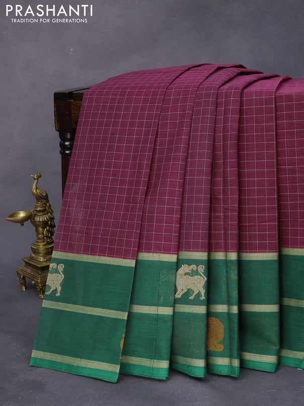 Kanchi cotton saree dark magenta and green with allover thread checked pattern and long thread woven annam butta border