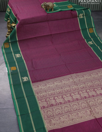 Kanchi cotton saree dark magenta and green with allover thread checked pattern and long thread woven annam butta border