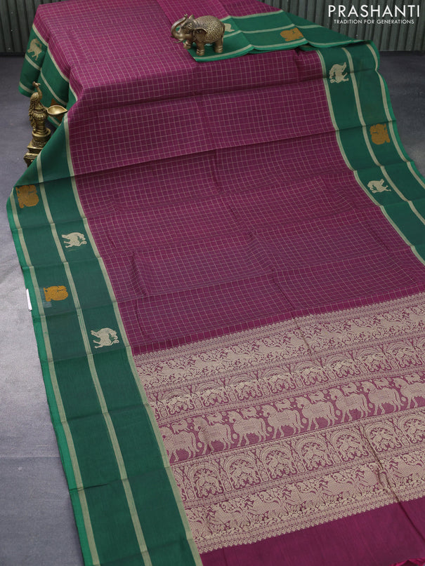 Kanchi cotton saree dark magenta and green with allover thread checked pattern and long thread woven annam butta border