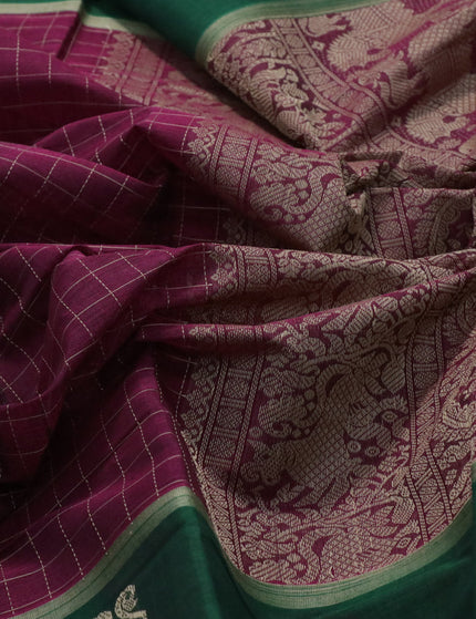 Kanchi cotton saree dark magenta and green with allover thread checked pattern and long thread woven annam butta border