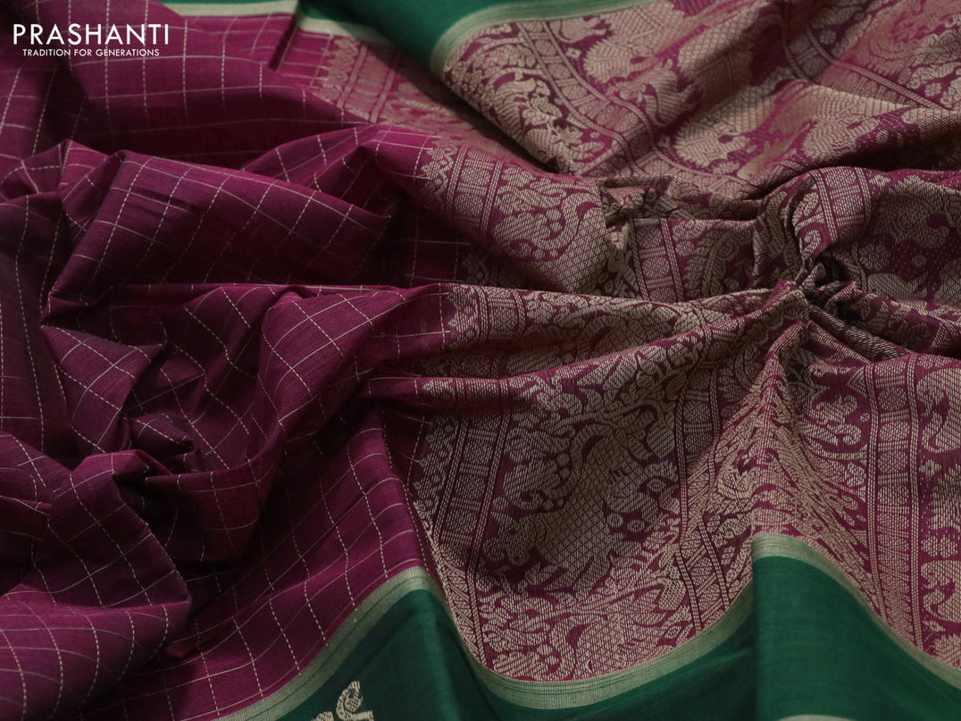 Kanchi cotton saree dark magenta and green with allover thread checked pattern and long thread woven annam butta border