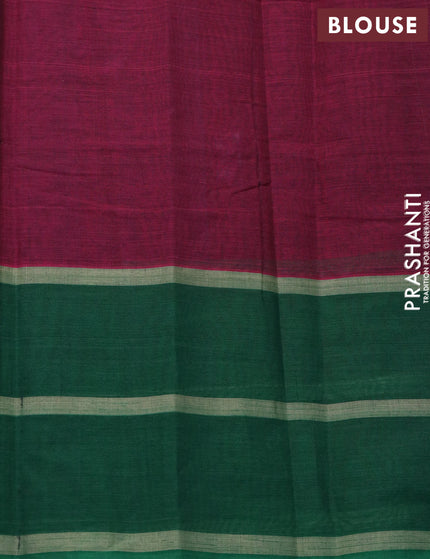 Kanchi cotton saree dark magenta and green with allover thread checked pattern and long thread woven annam butta border