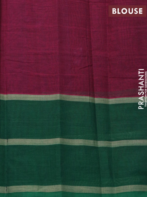 Kanchi cotton saree dark magenta and green with allover thread checked pattern and long thread woven annam butta border