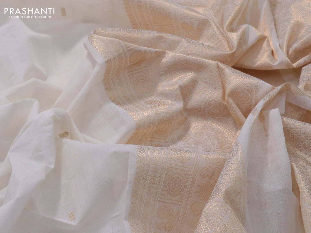 Kanchi cotton saree off white and sandal with zari woven buttas and zari woven simple border