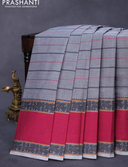 Kanchi cotton saree grey and pink with allover thread stripe pattern and rettapet thread woven border