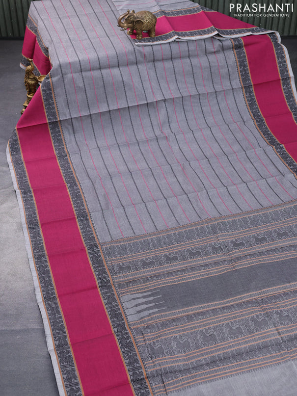 Kanchi cotton saree grey and pink with allover thread stripe pattern and rettapet thread woven border