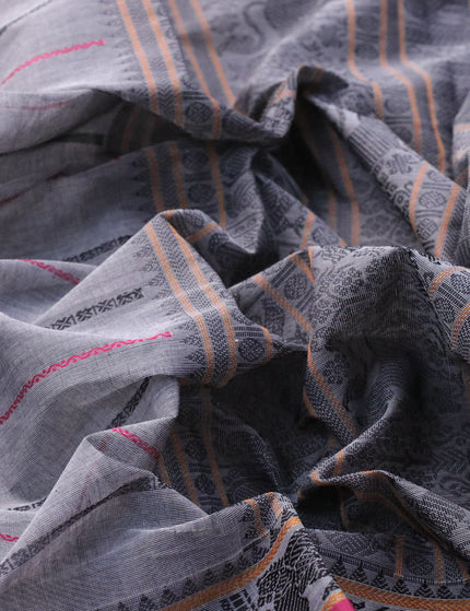 Kanchi cotton saree grey and pink with allover thread stripe pattern and rettapet thread woven border