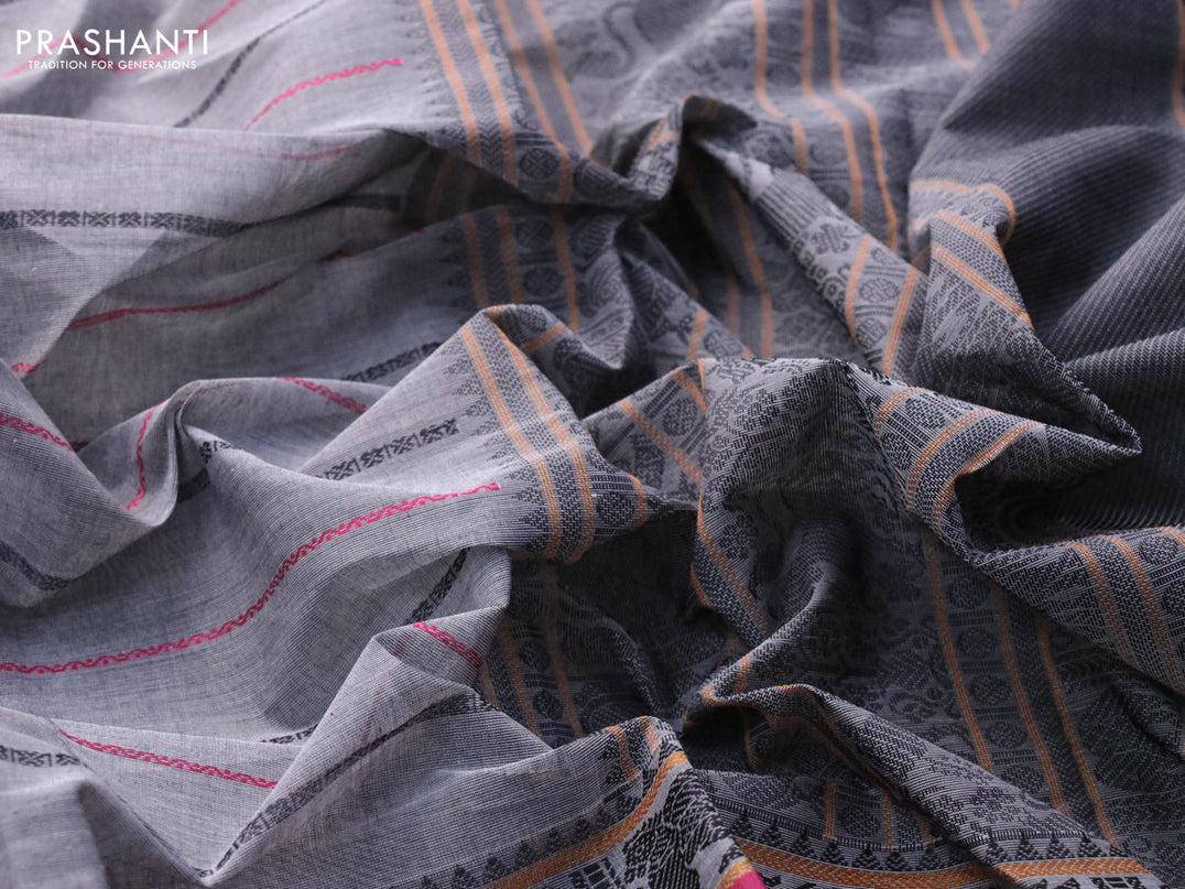 Kanchi cotton saree grey and pink with allover thread stripe pattern and rettapet thread woven border