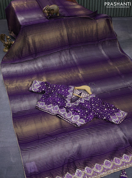 Organza silk saree deep violet with allover zari stripes pattern and gottapatti lace work border & embroidered readymade blouse