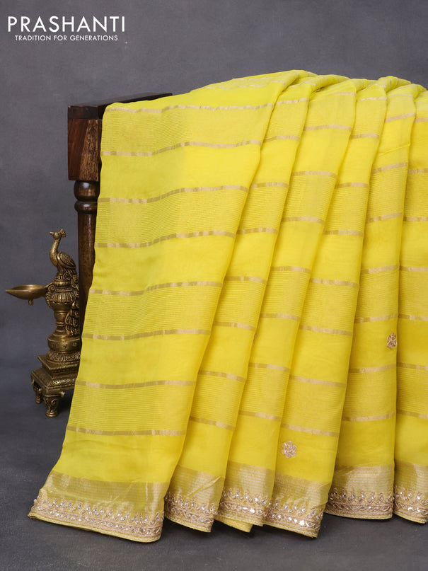 Organza silk saree lime yellow with allover zari weaves and embroidery work border & kalamkari prints embroidered readymade blouse