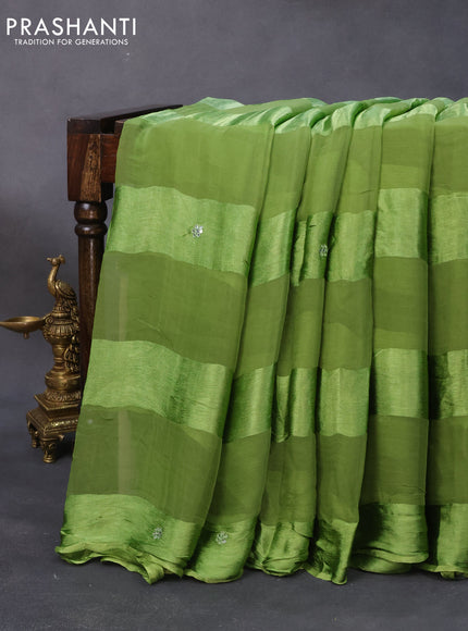 Chiffon silk saree pista green with satin finished in borderless style & embroidered readymade blouse