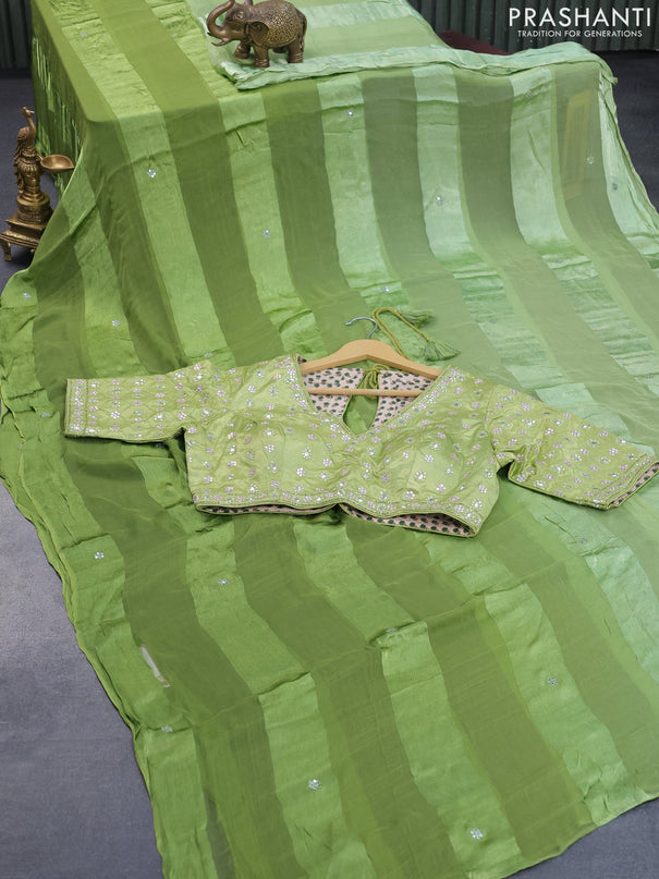 Chiffon silk saree pista green with satin finished in borderless style & embroidered readymade blouse