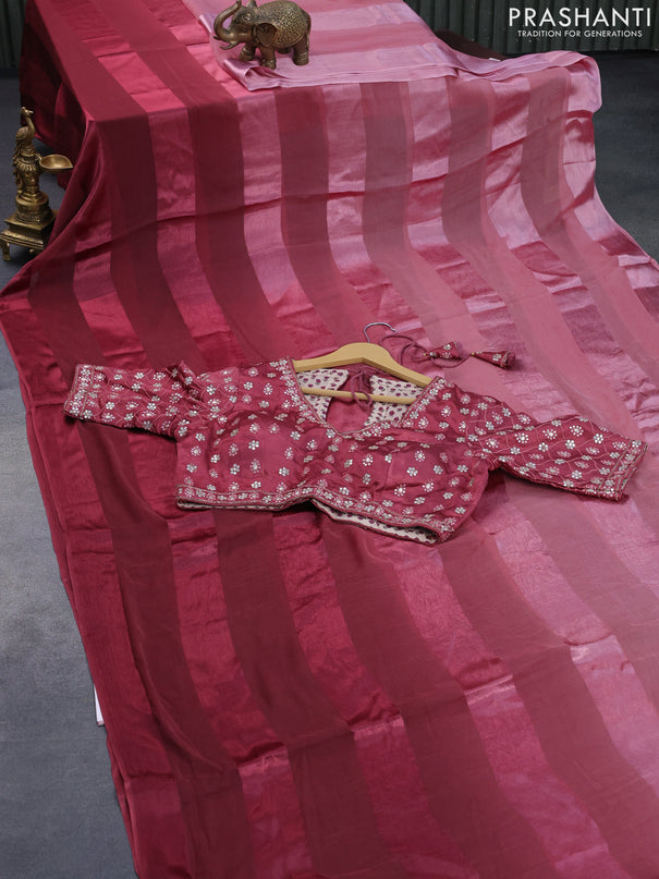 Chiffon silk saree maroon shade with satin finished in borderless style & embroidered readymade blouse