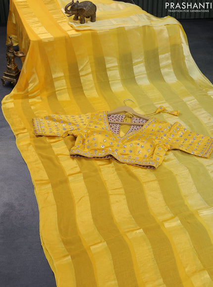 Chiffon silk saree mango yellow with satin finished in borderless style & embroidered readymade blouse