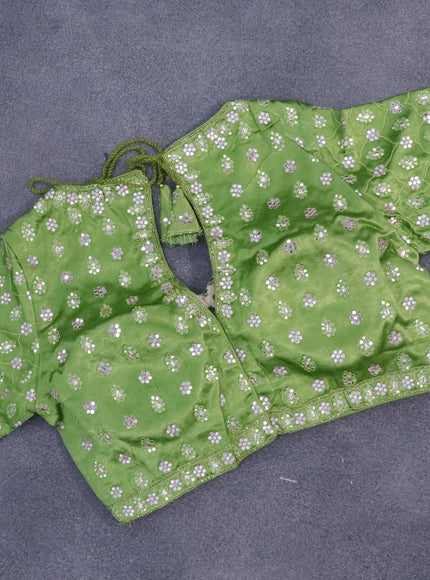 Chiffon silk saree light green with satin finished in borderless style & embroidered readymade blouse