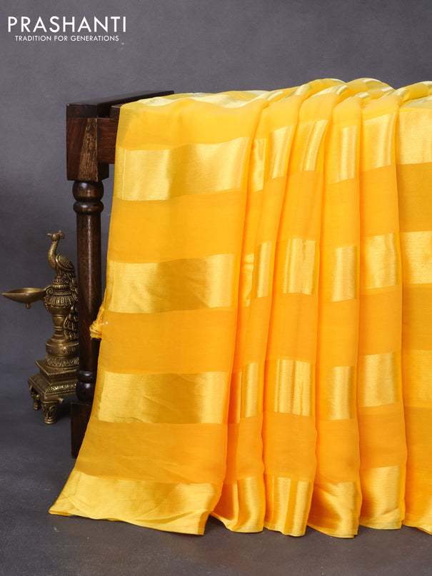 Chiffon silk saree mango yellow with satin finished in borderless style & embroidered readymade blouse