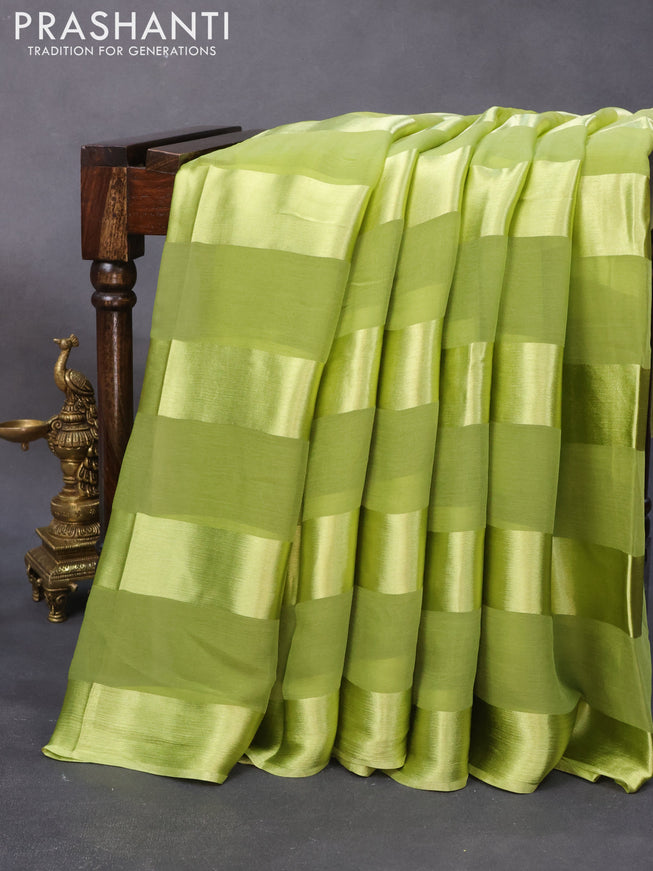 Chiffon silk saree lime green with satin finished in borderless style & embroidered readymade blouse