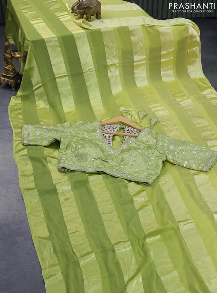 Chiffon silk saree lime green with satin finished in borderless style & embroidered readymade blouse