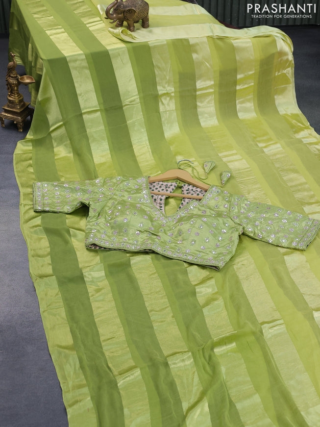 Chiffon silk saree lime green with satin finished in borderless style & embroidered readymade blouse