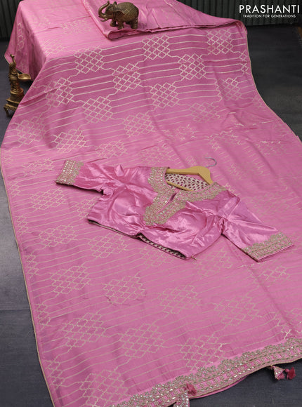 Banarasi munga tussar saree light pink with allover zari woven geometric weaves and lace work border & embroidered readymade blouse