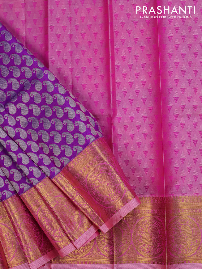 Pure silk kids lehenga dual shade of purple and light pink with allover silver zari woven paisley buttas and annam zari woven border