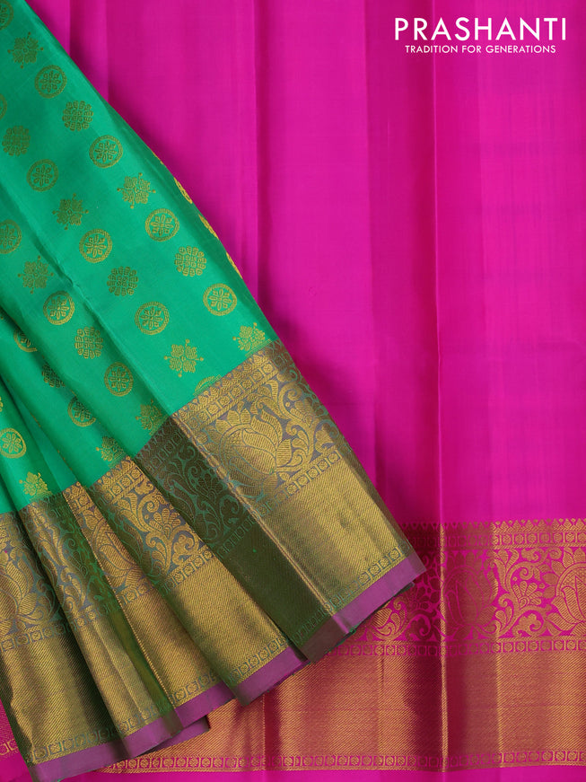 Pure silk kids lehenga green and pink with zari woven buttas and zari woven border