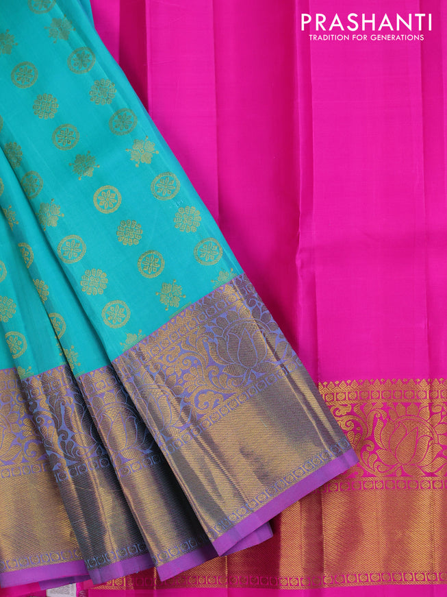 Pure silk kids lehenga dual shade of teal blue and pink with zari woven buttas and zari woven border