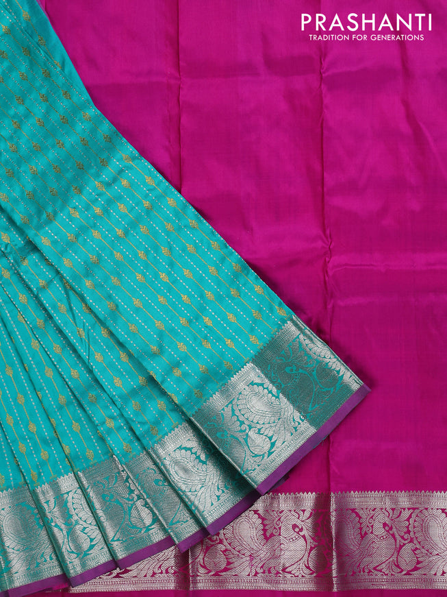 Pure silk kids lehenga teal green and pink with silver & gold zari weaves and silver zari woven border