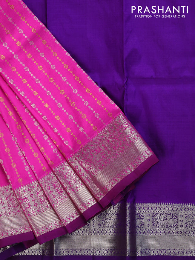 Pure silk kids lehenga pink and deep violet with silver & gold zari weaves and silver zari woven border
