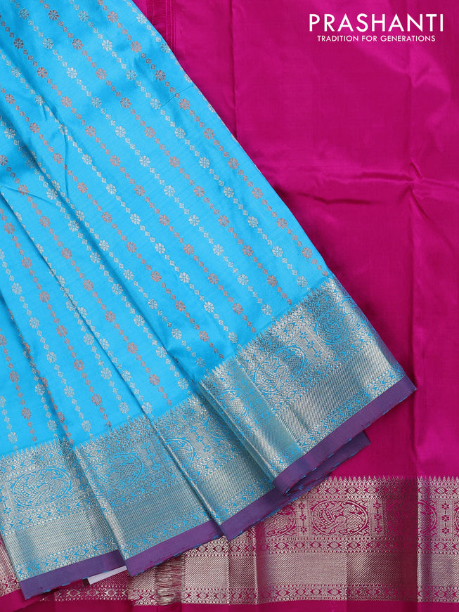 Pure silk kids lehenga light blue and pink with silver & copper zari weaves and silver zari woven border