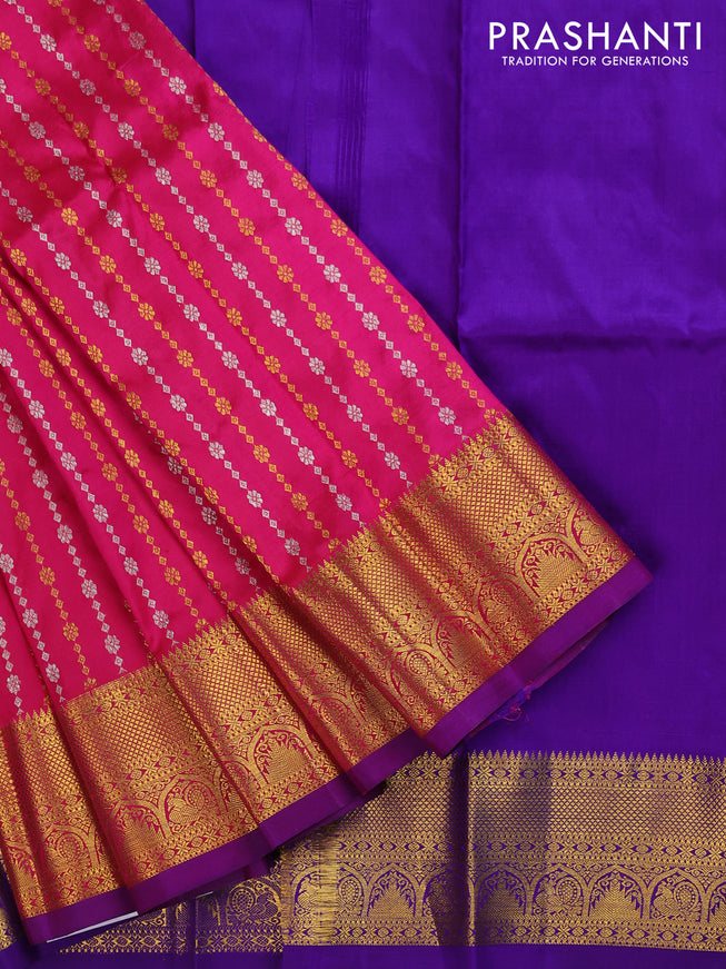 Pure silk kids lehenga pink and violet with silver & gold zari weaves and zari woven border